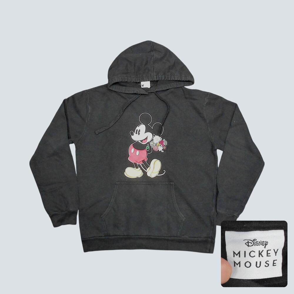 Disney | Y2K Faded Black Mickey Mouse Floral Embroidered Hoodie Womens Large